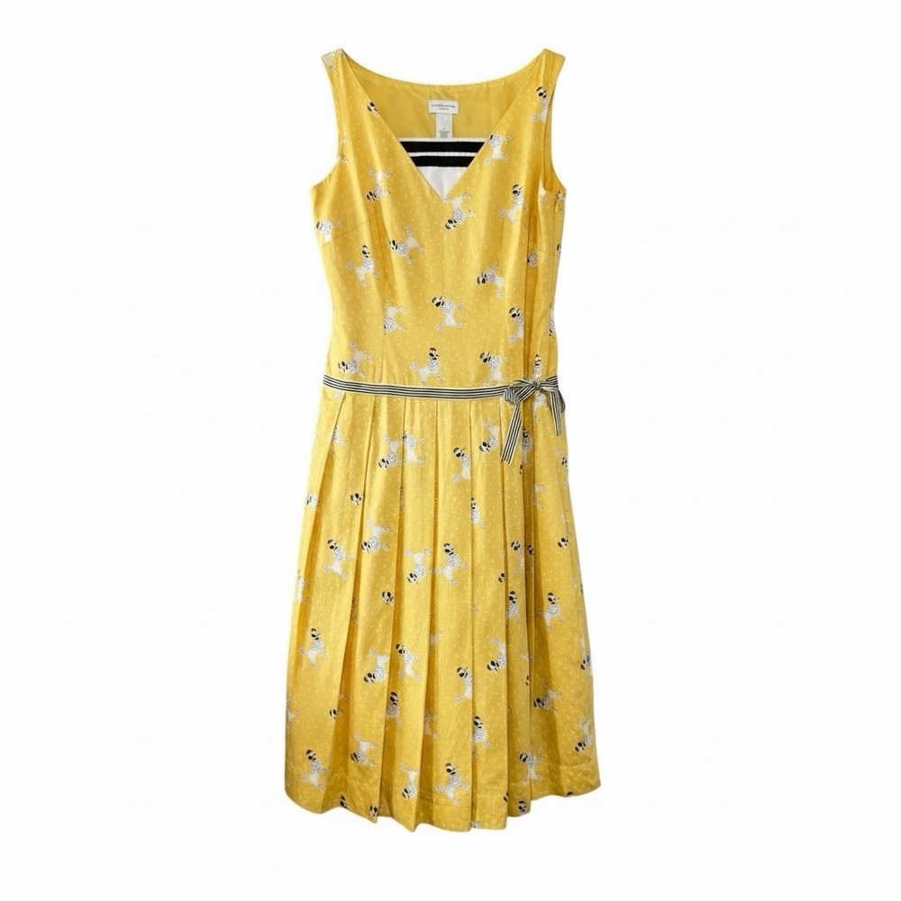 Y2K Liz Claiborne Yellow Poodle Print Cotton Dress Size 6 Novelty Retro Kitschy